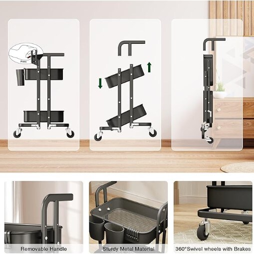 2 Tier Foldable Rolling Cart, Metal Utility Cart with Lockable Wheels, Folding Storage Trolley for Living Room, Kitchen, Bathroom, Bedroom and Office, Black