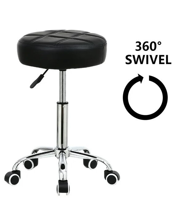 Round Rolling Stool Chair with Adjustable Height in PU Leather Look for Wheeled Swivel Drafting Work Spa Medical Salon Stools. Black Office Chair