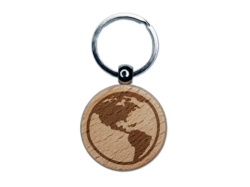 Earth Globe Travel Doodle Engraved Wood Round Keychain Tag Charm