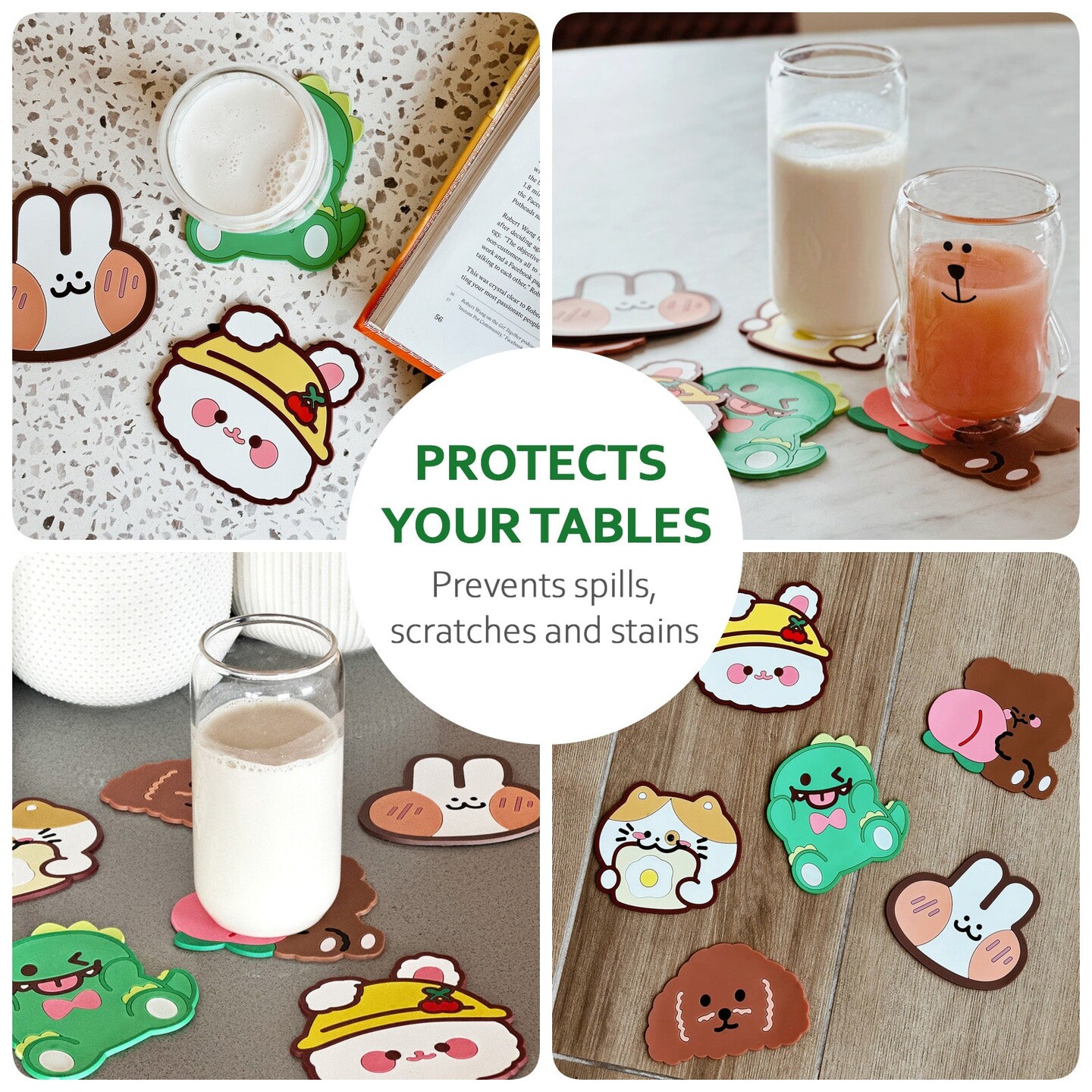Wrapables Silicone Cute Cat Coasters for Glasses, Cups, and Drinks (Set of 6)