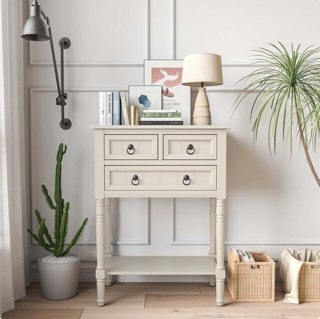 Beige Console Entryway Table with 3 Drawers and an Open Shelf for Hallway Living Room