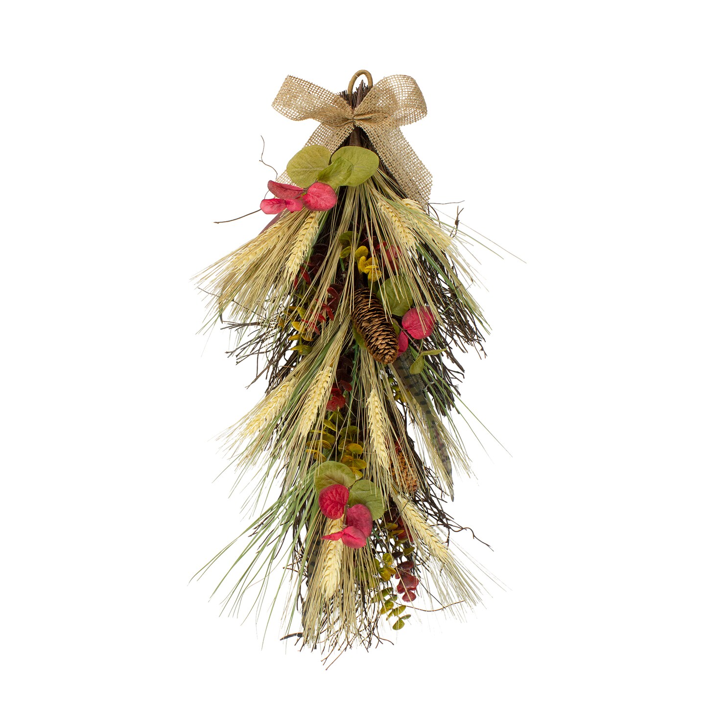 Northlight 24&#x22; Autumn Harvest Wheat and Eucalyptus with Feathers Teardrop Swag - Unlit