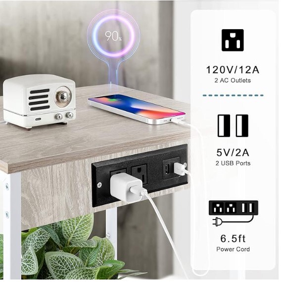 White Nightstand Bedroom End Table with Charging Station Sturdy Bed Side Table for Living Room, Narrow Bedside Night Stands with Storage and USB Ports for Small Spaces Sofa Couch