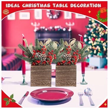2 Packs Christmas Floral Arrangement Centrepieces Table Assorted Flower Arrangements with Pinecones Red Berries for Farmhouse Rustic Christmas Table Mantel Decoration