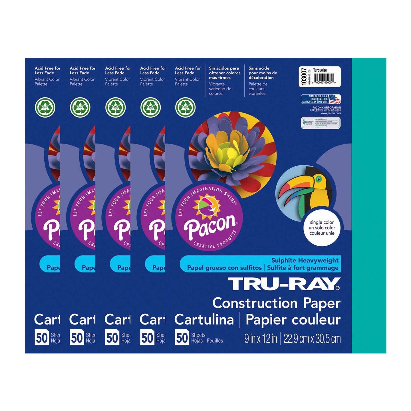 Construction Paper, Turquoise, 9&#x22; x 12&#x22;, 50 Sheets Per Pack, 5 Packs