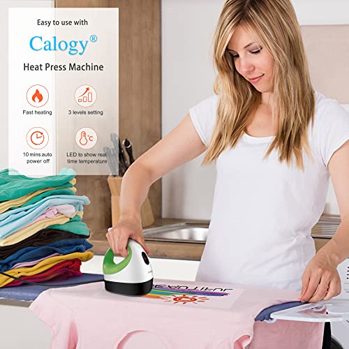 Calogy Mini Heat Press, Heat Transfer Machine, Constant Temp Control, Insulated Safety Base, Fits for Crafts, T-Shirt, Hat, Cap, Pillows (White Green)