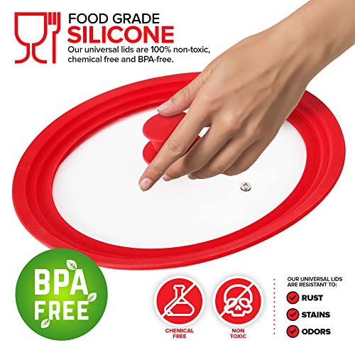 (Set of 2)  Universal Lids  Fits 7 to 12-Inch Cookware, Silicone Replacement Pan Lid, Glass Top Covers for Skillets, Pots, Frying Pans, Cast Iron - Red