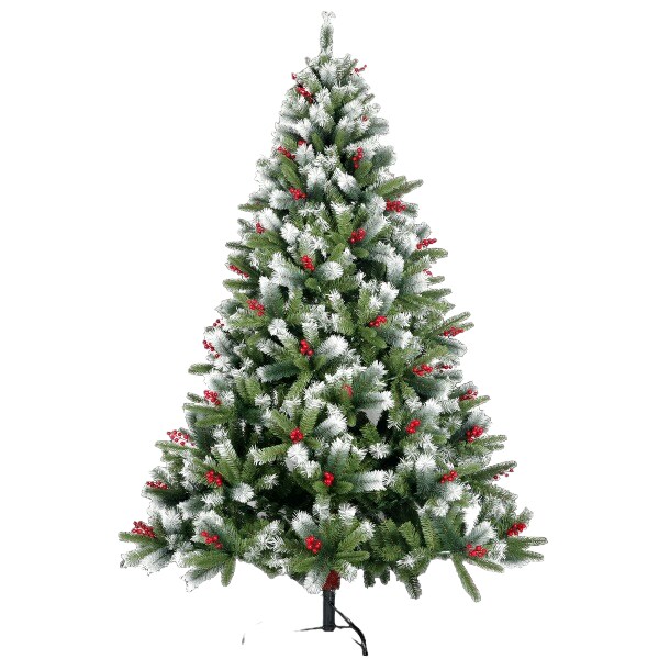 7.5ft Flocked Pine Needle Christmas Tree with Cones Red Berries and Foldable Stand