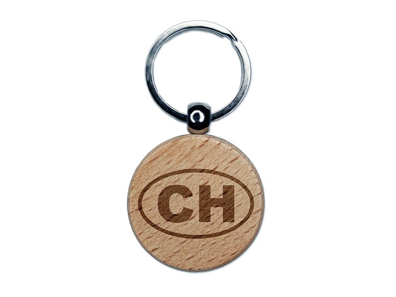 Switzerland CH Engraved Wood Round Keychain Tag Charm
