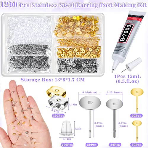 600 pieces Jewelry Glue with Earring Posts for Jewelry Making, Stainless Steel Earring Posts and Backs Silver and Gold Earring Posts with Rubber Earring Backs for Earring Making Supplies