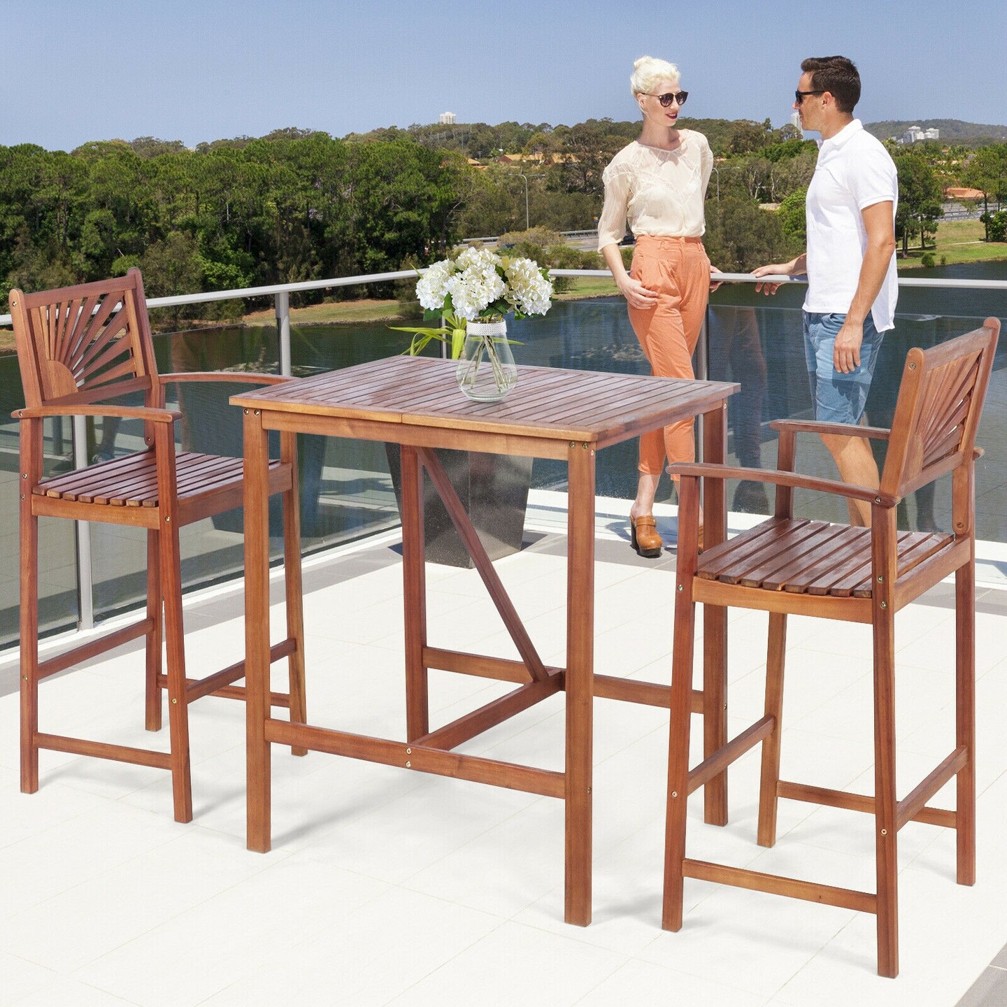 Natural Acacia Wood Patio Bar Set 3-Piece 2 Stools 1 Table Outdoor Indoor