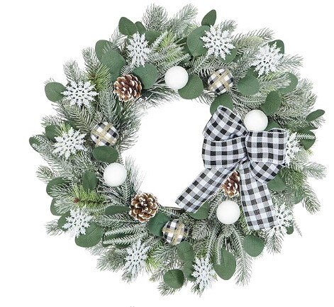 Artificial Christmas Wreath 22 Inch for Front Door Wreath with Bowknot Snowflake Christmas Ball Pinecone Pine Needle for Farmhouse Window Wall Xmas Festive Home Decor Winter Holiday Wreath
