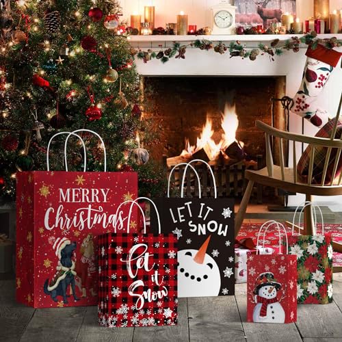 24 Christmas Gift Paper Bags Bulk with handles Wrapping Xmas Holiday Presents(6 Jumbo,6 Large,6 Medium,6 Small)