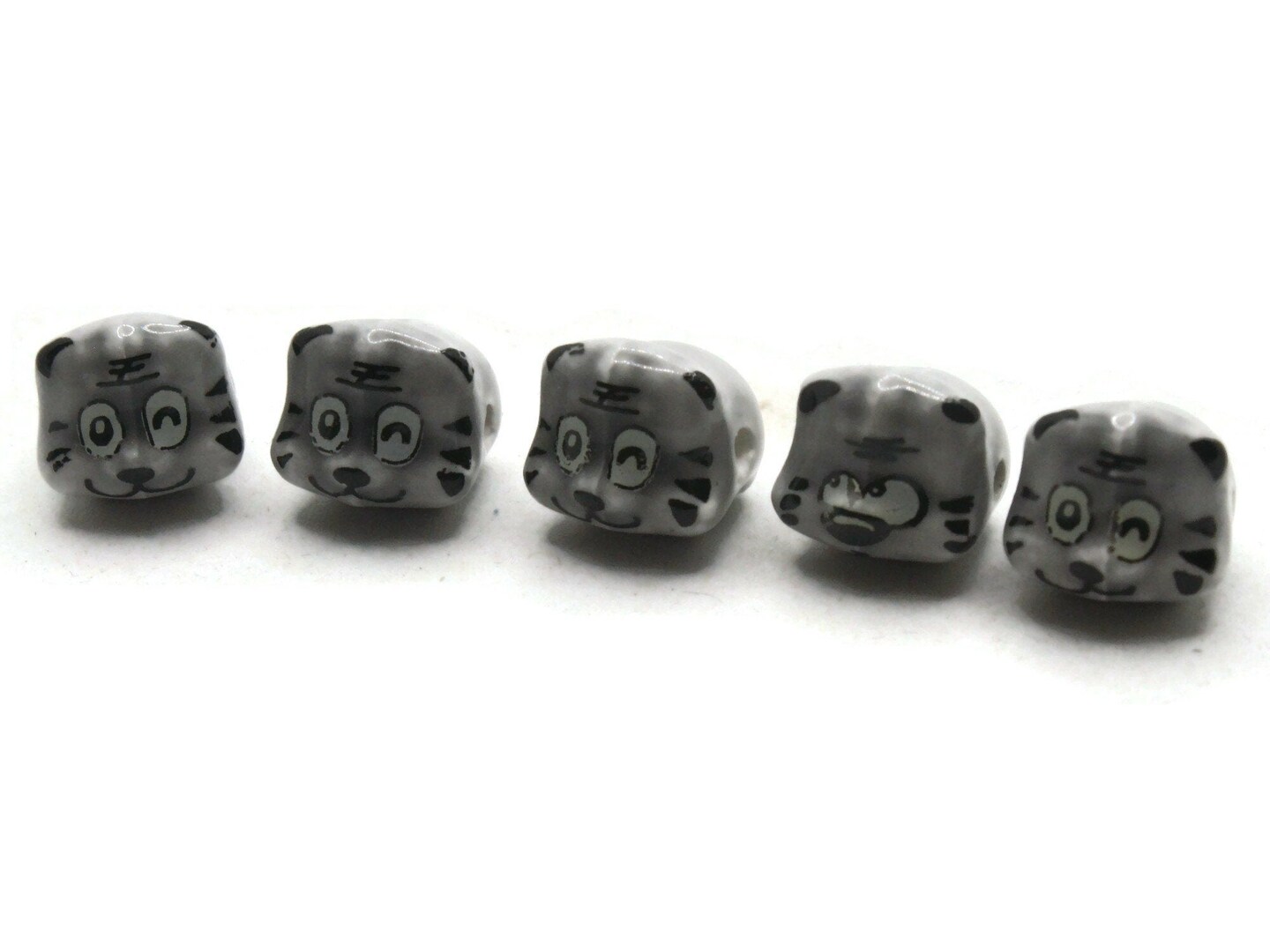 5 Porcelain Tiger Cat Gray Striped Porcelain Glass Animal Beads