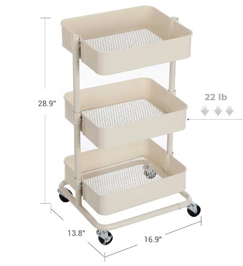 3-tier metal rolling cart, utility cart, kitchen cart with adjustable shelves, storage trolley with two brakes, easy assembly, for kitchen, office, bathroom, beige.