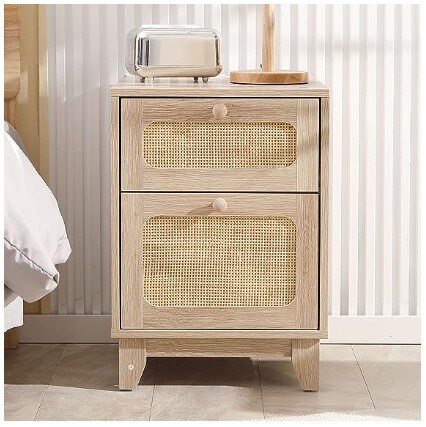 Boho Side Table with Handmade Rattan Decorated Drawer for Bedroom, Living Room