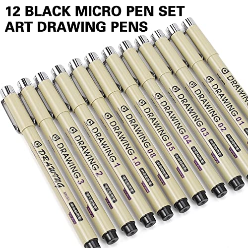 GCVOPTON 12Pcs Black Micron Pen Set, Micro Fineliner Drawing Art Pens,  Micro-Pen Fineliner Ink Set, Micron Pens for Artist Illustration, Sketch