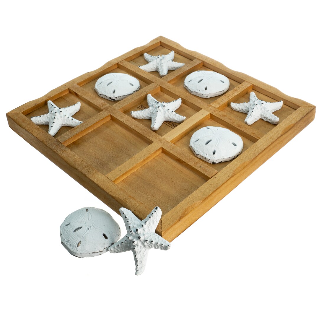 Starfish Tic Tac Toe Game - 9&#x22; x 9&#x22; - Beach Tic-Tac-Toe Game - White Starfish &#x26; Sand Dollars Coastal Beach House Coffee Table Game Board