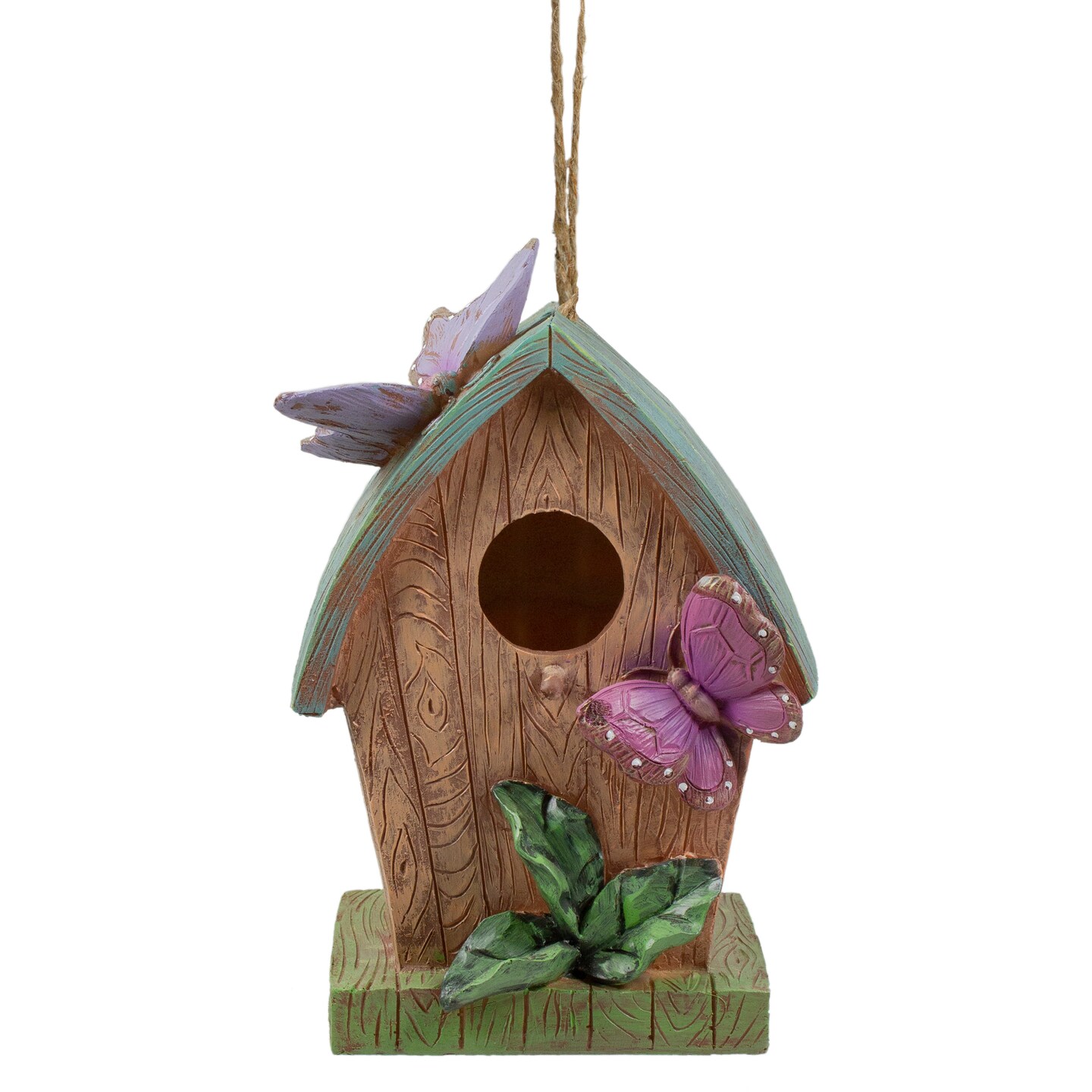 Northlight 10&#x22; Brown and Green Hanging Birdhouse with Butterflies Outdoor Garden Decor
