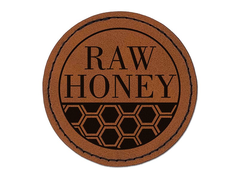 Raw Honey Bee for Apiarist Beekeeper Round Iron-On Engraved Faux Leather Patch Applique - 2.5&#x22;