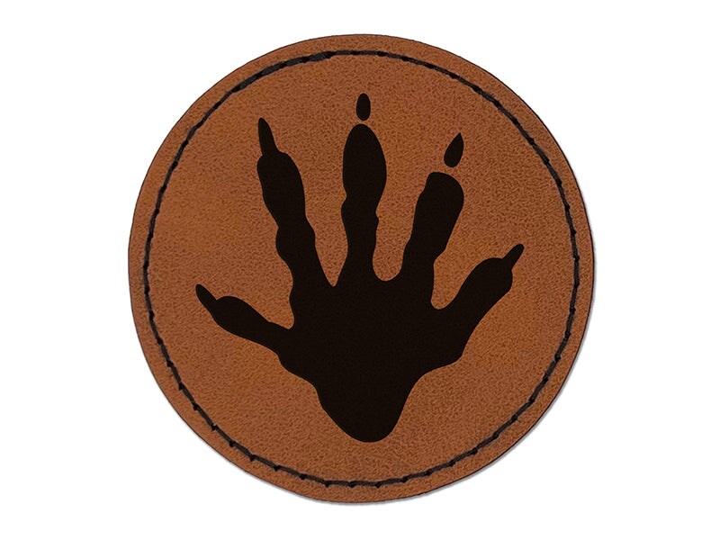 Raccoon Trash Panda Hand Print Round Iron-On Engraved Faux Leather Patch Applique - 2.5&#x22;