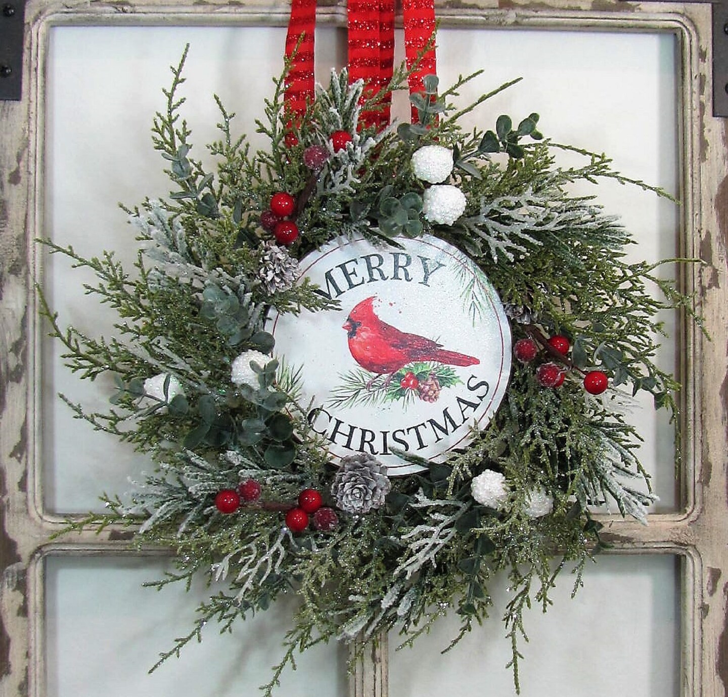 Merry Christmas Winter Front Door Wreath, Rustic Farmhouse Decor, offers Cardinal Decor