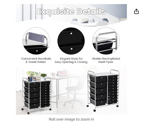 Rolling Storage Cart with 15 Drawers, Multipurpose Mobile Storage Organizer with Removable Drawers and Metal Frame, Utility Tools Home and Office Paper Organizer on Wheels (Black)
