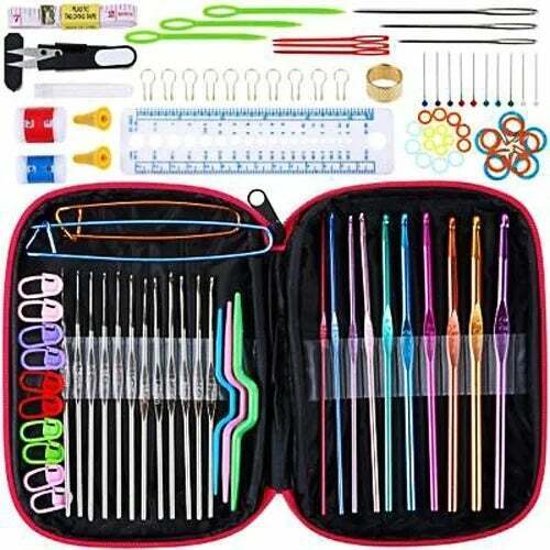 100-piece Crochet Hook Set, including yarn, knitting needles, sewing tools, and a handy zipper case.