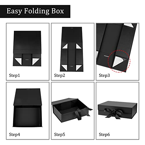 Gift Box with Lid for Presents 10.5x7.5x3.1 Inches with Ribbon and Magnetic Closure(1-Pack) (Black)