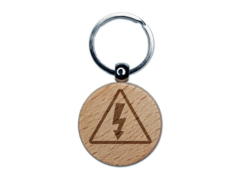 Electrical High Voltage Warning Sign Engraved Wood Round Keychain Tag Charm