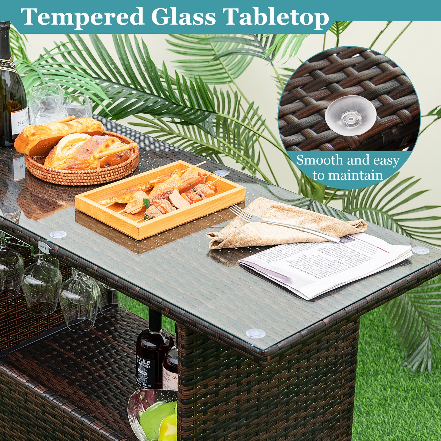 3 Pieces Outdoor Wicker Bar Set with 3 rows stemware racks