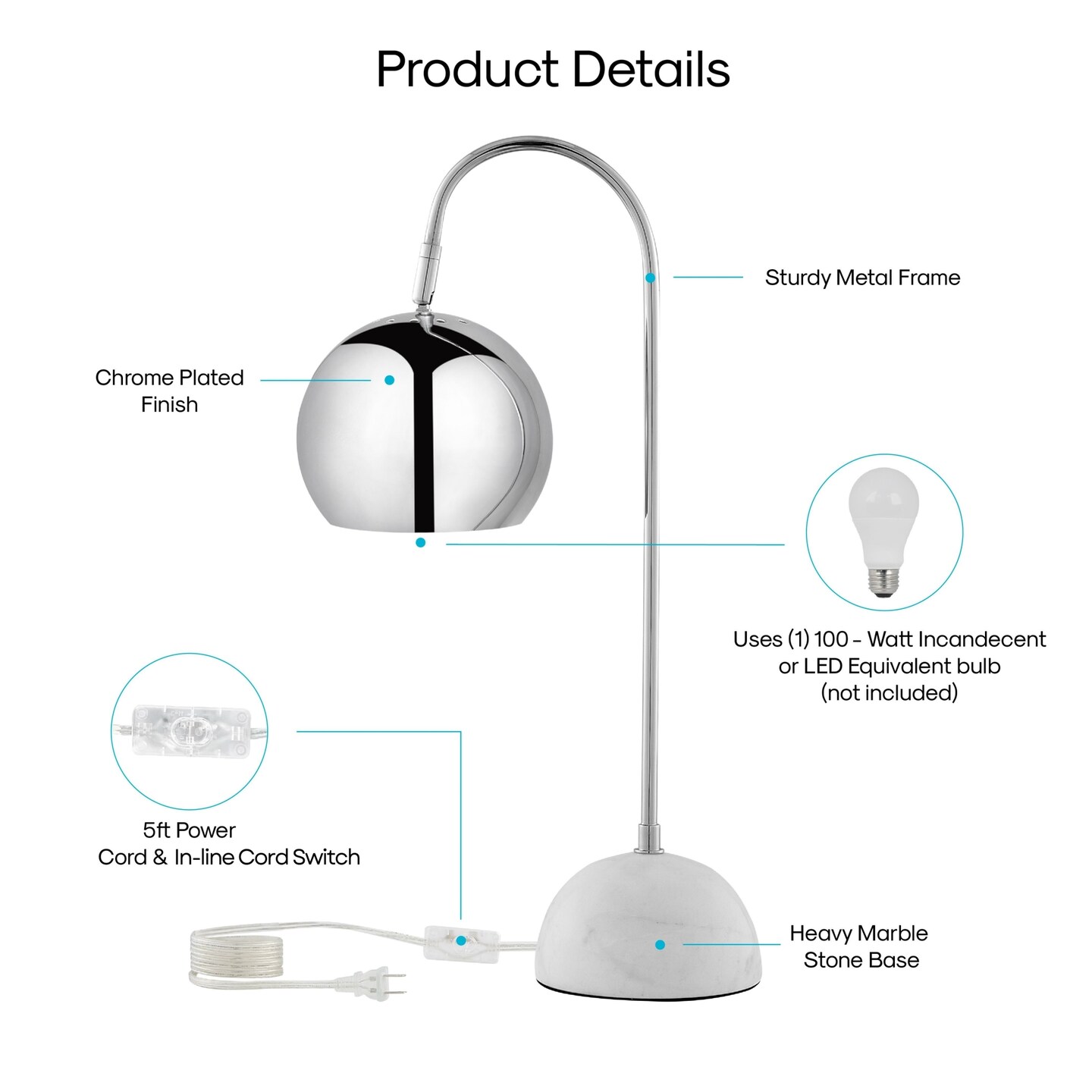 Zac Table Lamp 5ft Power Cord, Marble Stone Base