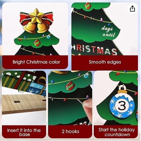 14&#x22; Wooden Advent Calendar, Colorful Xmas Tree Tabletop Centerpieces Decorations Indoor with &#x27;Merry Christmas&#x27; Printed, Large Wood X-mas Ornaments Home Decoration