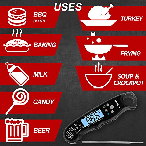 Waterproof Digital Instant Read Meat LCD Thermometer with 4.6” Folding Probe Backlight & Calibration Function for Cooking Food Candy, BBQ Grill, Liquids,Beef(Black)