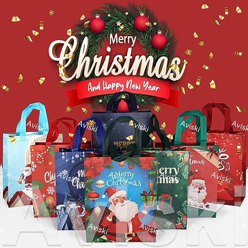 8 PCS Christmas Gift Bags,Christmas Tote Bags with Handles, Christmas Treat Bags, Multifunctional Non-Woven Christmas Bags for Gifts Wrapping Shopping, Xmas Party Supplies, 12.2&#xD7;9.8&#xD7;4.5inch