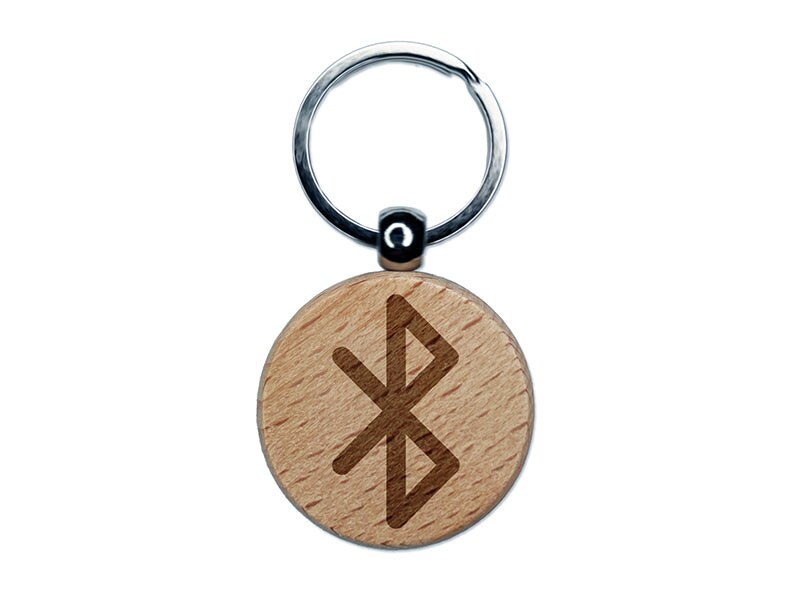 Bluetooth Symbol Engraved Wood Round Keychain Tag Charm