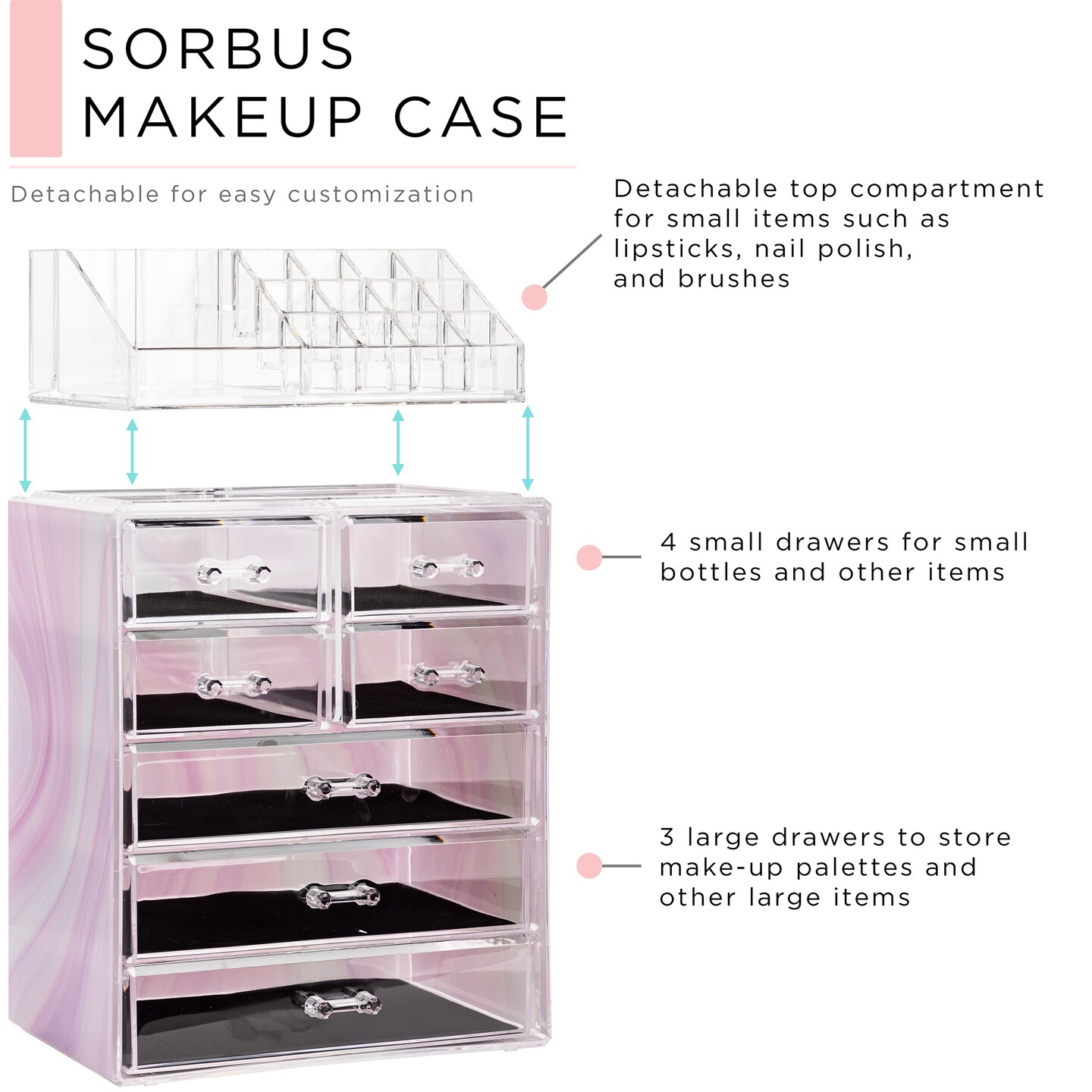 Sorbus Medium Makeup Organizer Set - (3 Large / 4 Small Drawers/Top Tray)
