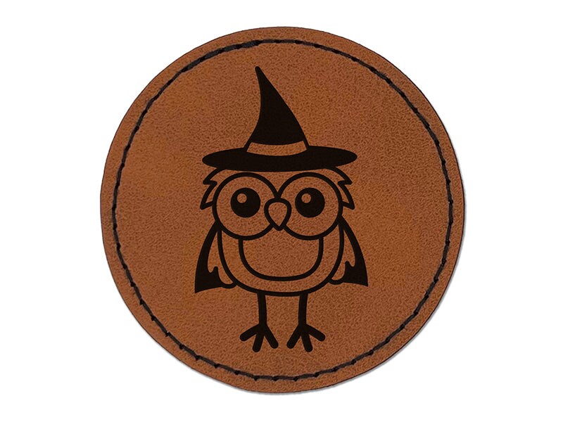 Owl With Witch Hat Cape Halloween Round Iron-On Engraved Faux Leather Patch Applique - 2.5&#x22;