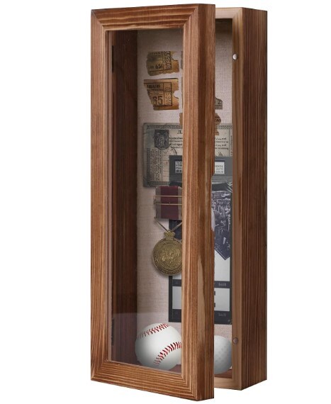 Memory Display Case for Wedding Bouquet Memorabilia Medals Photos Keepsakes, 12.5" x 5" Shadow Box, Solid Wood Box Frame with Linen Background and 8 Stick Pins