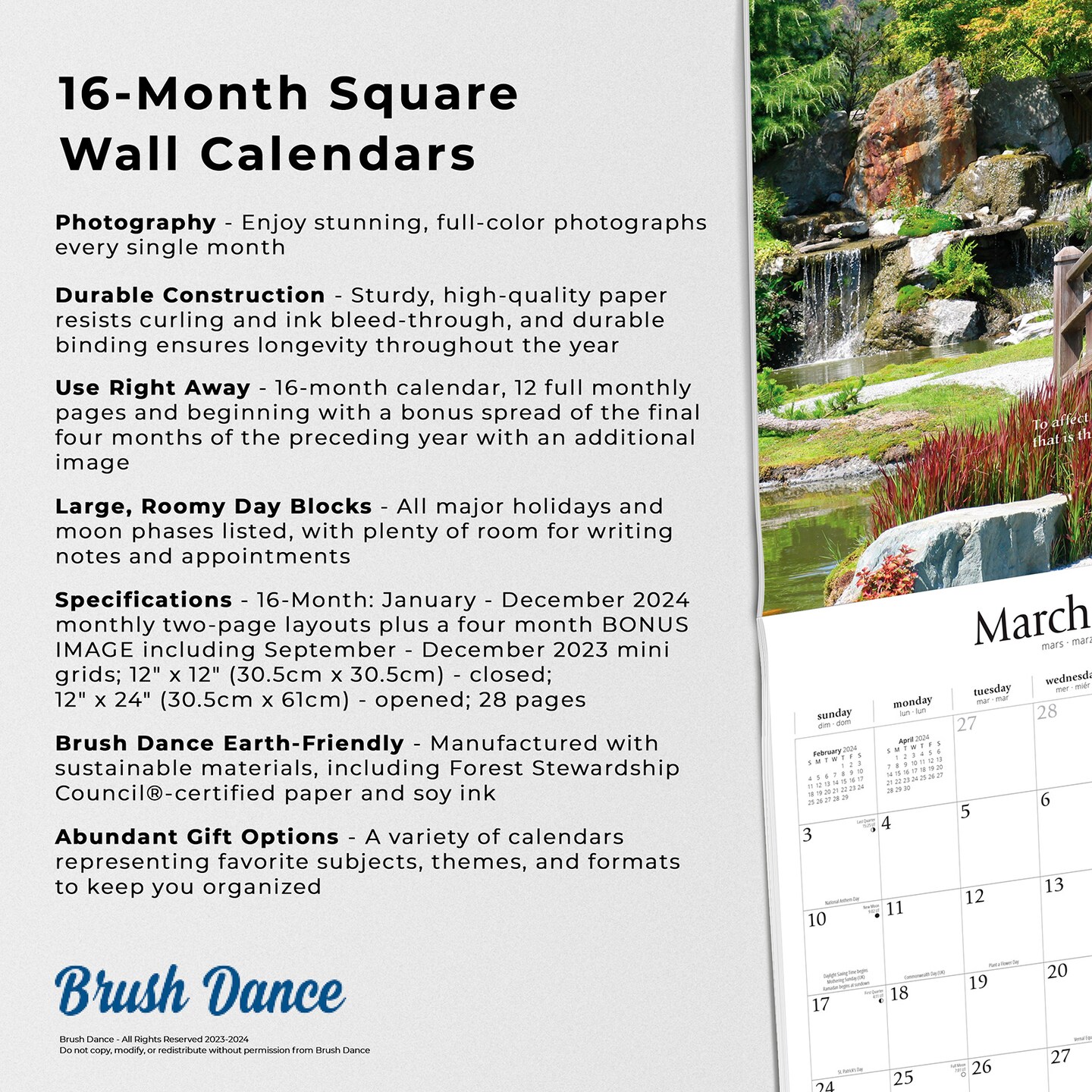 Japanese Gardens | 2024 12 x 24 Inch Monthly Square Wall Calendar | Brush Dance | Gardening Outdoor Home Country Nature