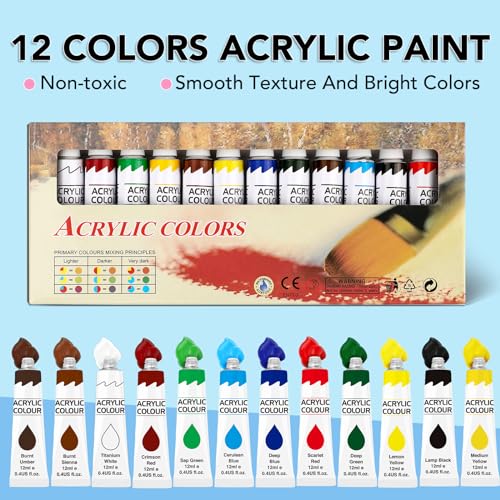 28PCS Acrylic Paint Set for Kids, with Pattern Canvas, Art Supplies with 12Colors Acrylic Paint, Brushes, Pre-Printed Drawing Board, Perfect Paint Set Gift for Beginner Student Toddlers