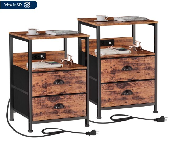 Set Of Two Nightstands An End Table With A Charging Station Bedside Tables With Two Fabric