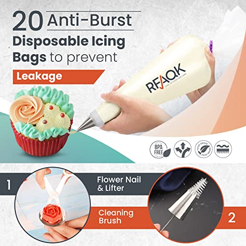 RFAQK 74 PCs Icing Piping Bags and Tips Set, Cake Decorating Kit with 48-Numbered Piping Tips, 20+1 Pastry Bags for Cookie Cupcake Cake Decoration, Cake Decorating Tips Set with Booklet and E-book