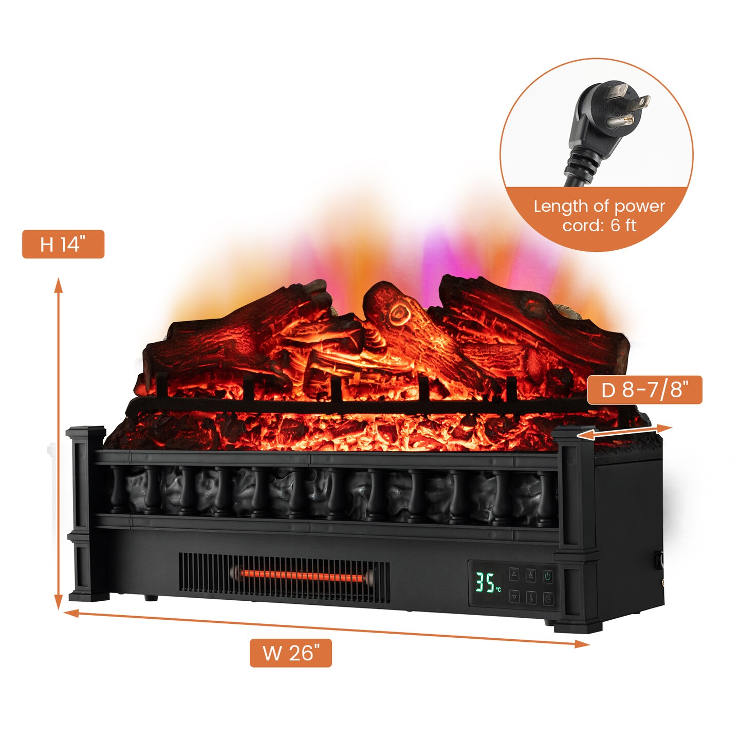 Electric Fireplace Heater with Remote Control and Realistic Lemonwood Ember Bed