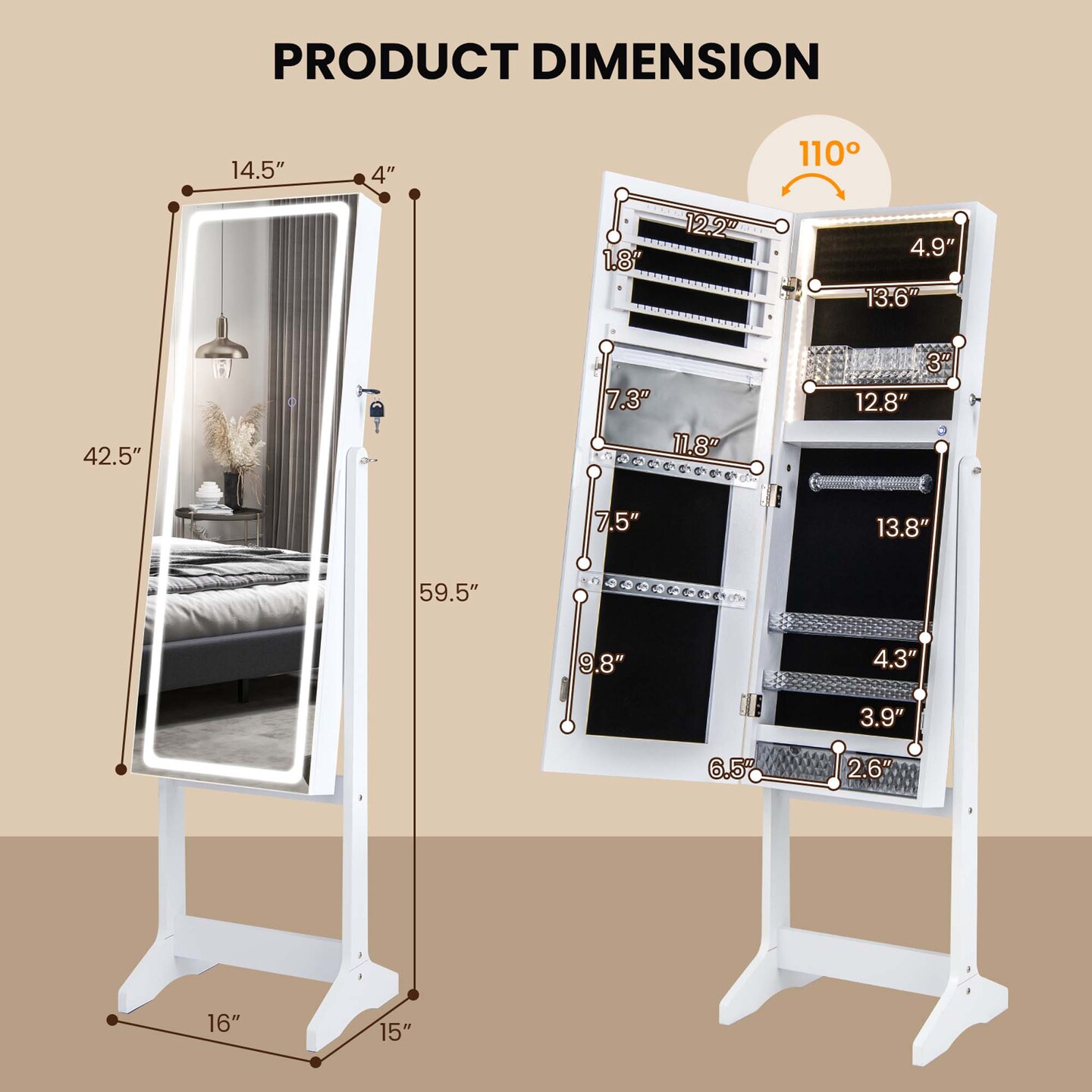 Costway LED Mirror Jewelry Cabinet Organizer Armoire Standing with Built-in 3 Color Light