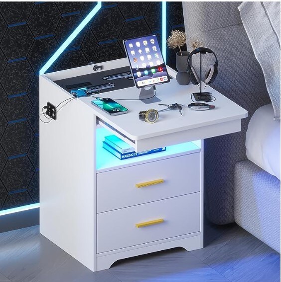 Modern End Table with Charging Station, Night Stand Side Table with Auto Sensor LED 3 Color Dimmable