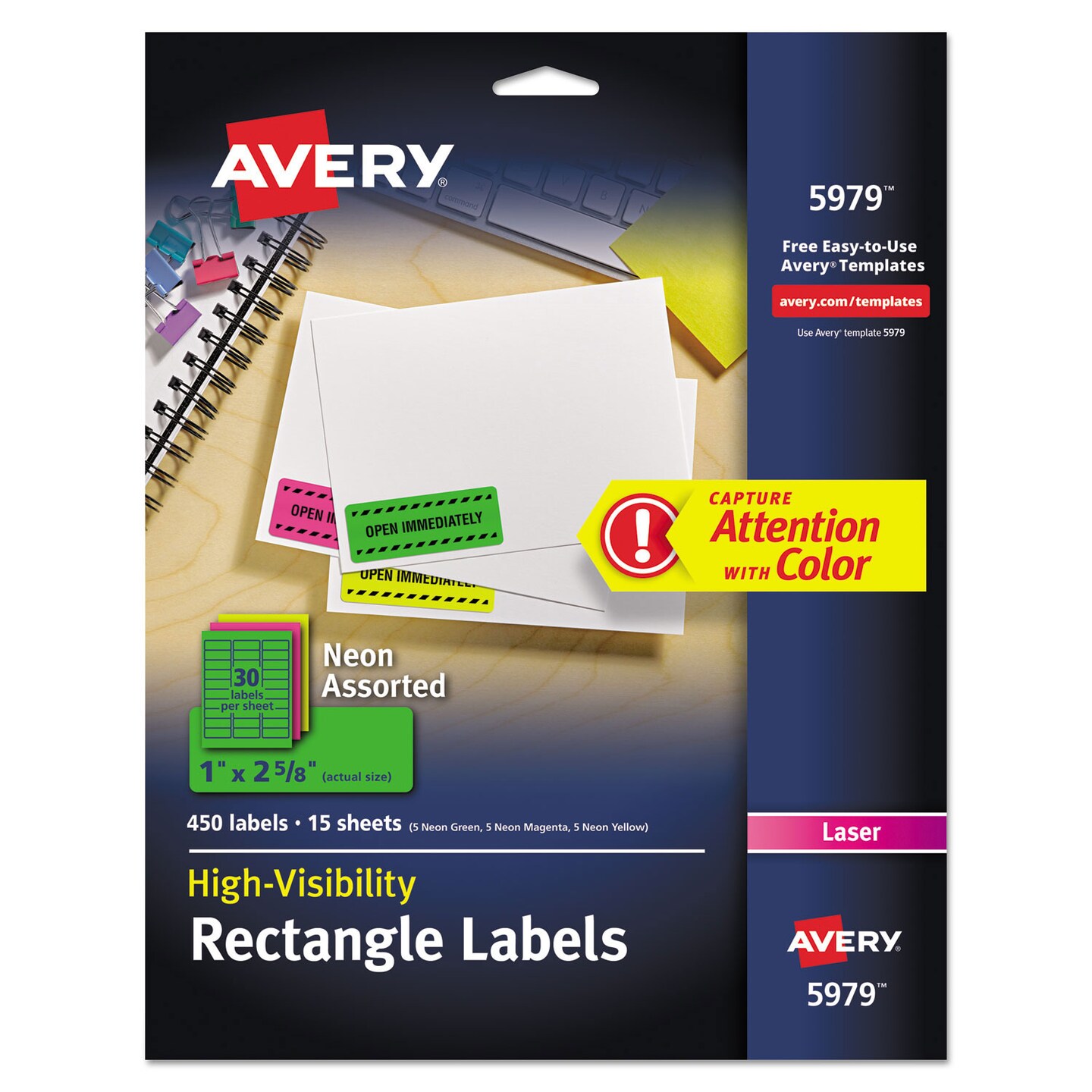 Avery High-Visibility Permanent Laser ID Labels, 1 x 2 5/8, Asst. Neon, 450/Pack