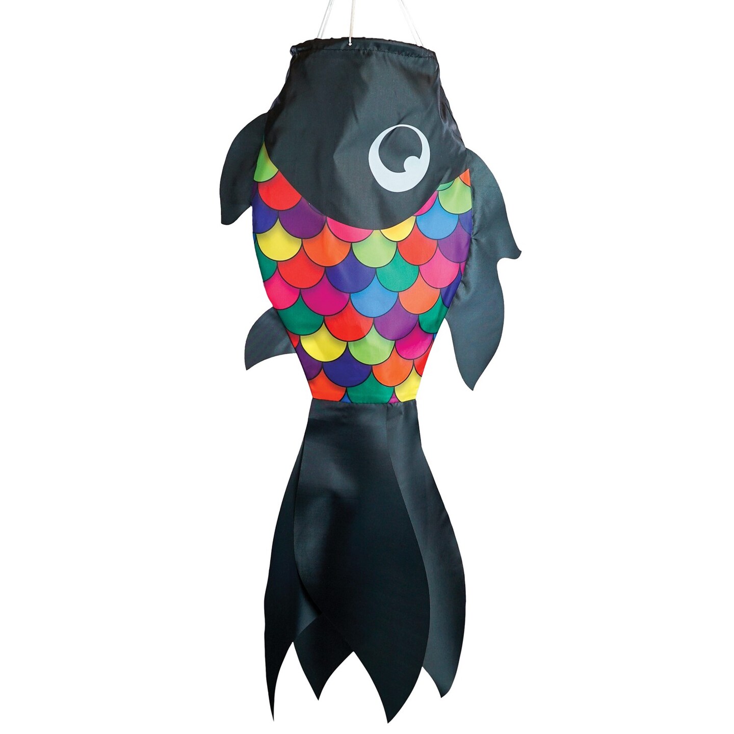 In the Breeze 5225 — 30-inch Black & Rainbow Damsel Fish — Colorful Fishsock Hanging Garden Decor with Detailed Printed Graphics