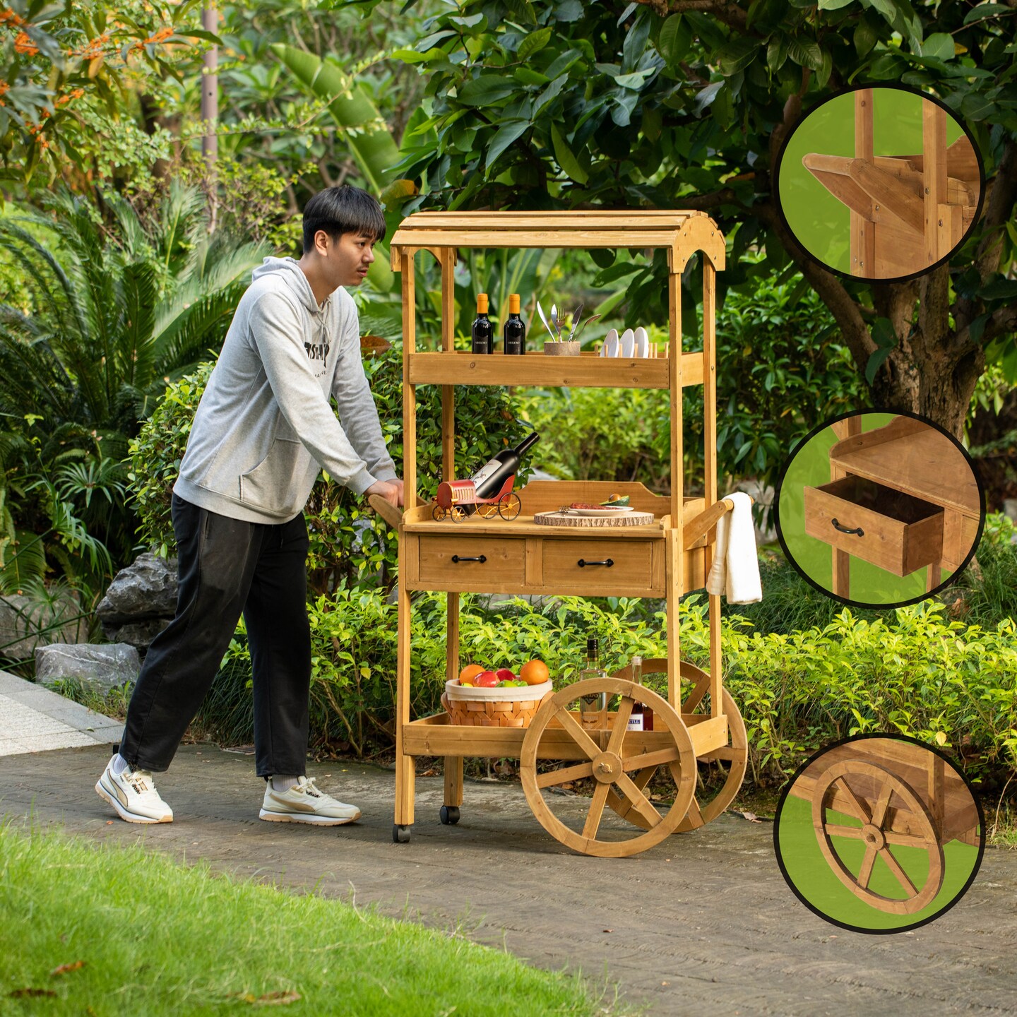 Large Wooden Display Rolling Table with Drawers and Wheels 3 Tier for Display, Modern Wood Wagon with Shelves for Food and More