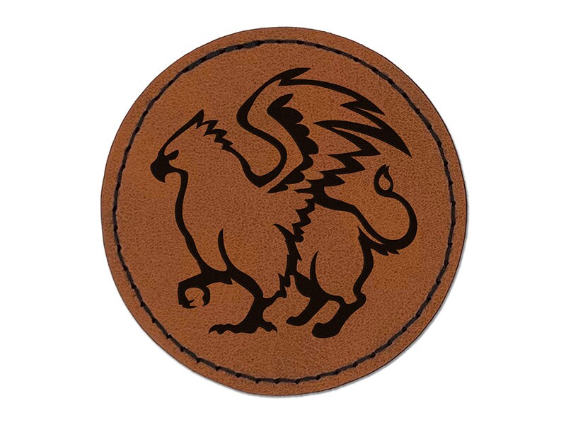 Proud Griffin Fantasy Silhouette Round Iron-On Engraved Faux Leather Patch Applique - 2.5&#x22;